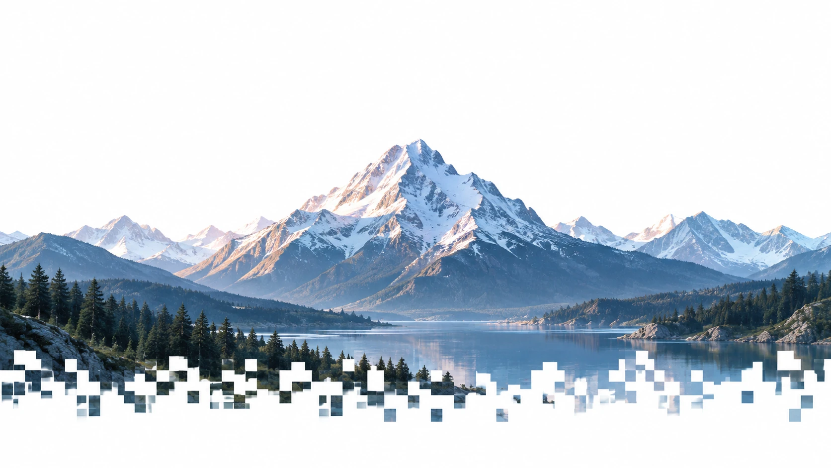 Snow-covered alpine mountain above a lake with a pixelated shoreline